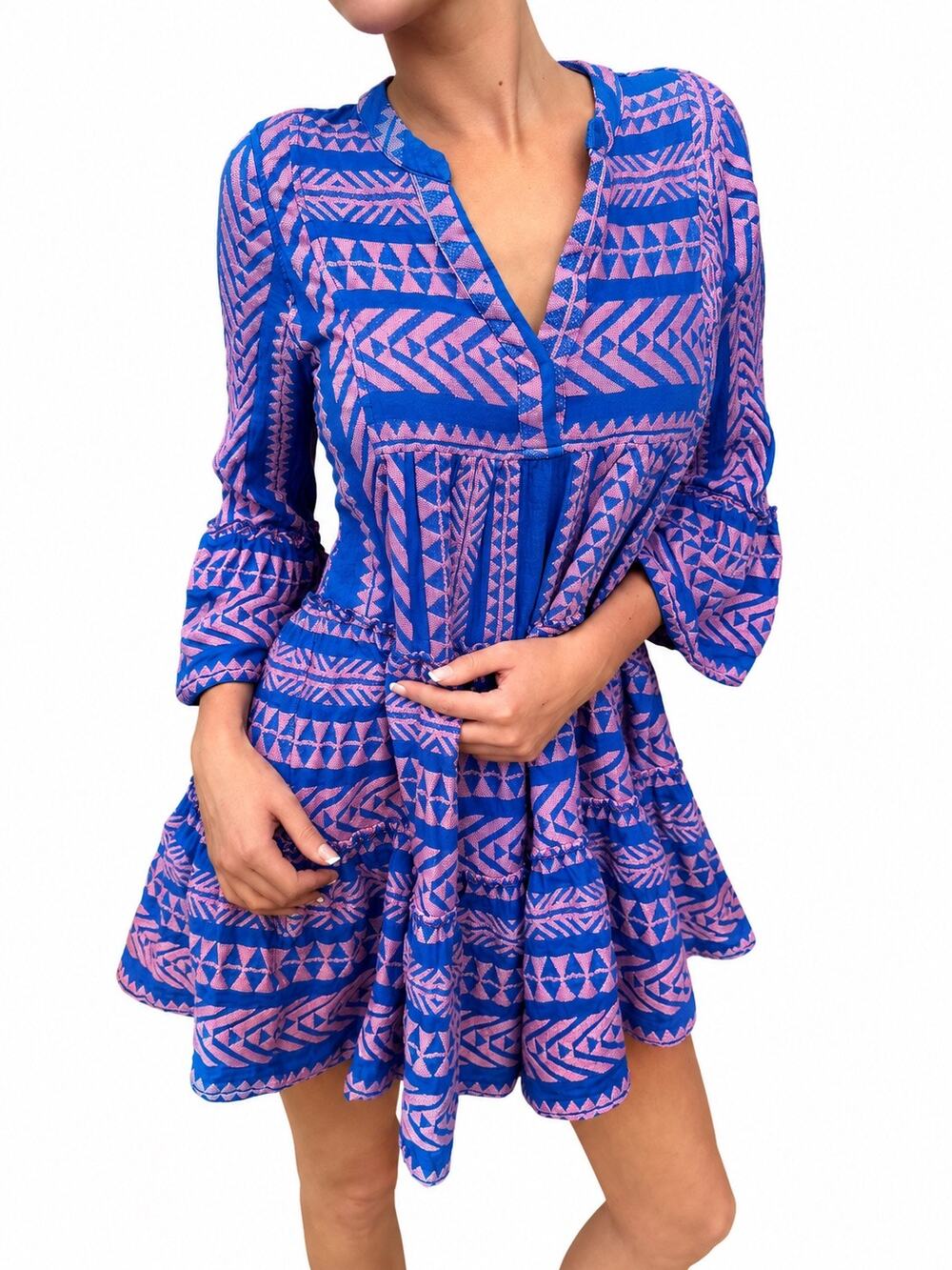 Devotion Twins Blue Pink Embroidered Boho Tiered Mini Dress